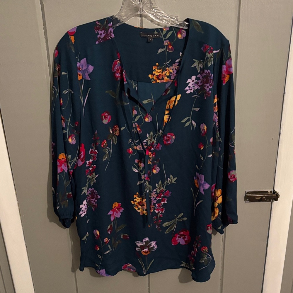 Alfani Women's Floral Blouse - Teal and Multicolored with neck tie strings